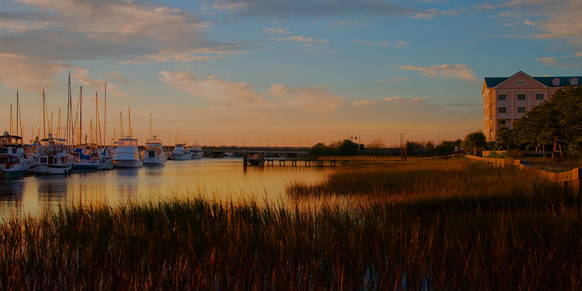 A serene harbor at sunset, with sailboats and yachts docked next to golden marsh grasses under a soft, glowing sky